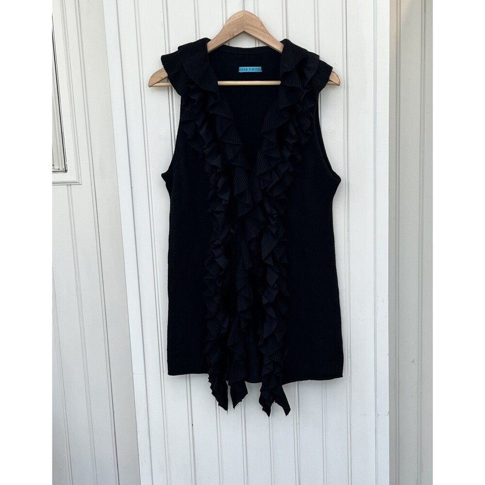Alice + Olivia Sz S/P Black Ruffled Long Knit Vest Rabbit Fur Wool Cashmere